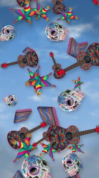 Mexican Day of the Dead Elements Falling Against Blue Sky Vertical Animation