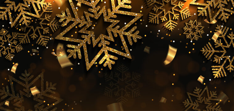 Merry Christmas. Festive card with delicate textured gold snowflakes.