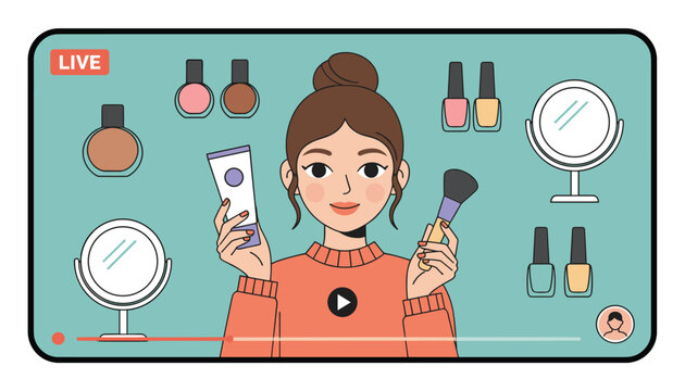 Beauty blogger presenting makeup cosmetics during online video stream