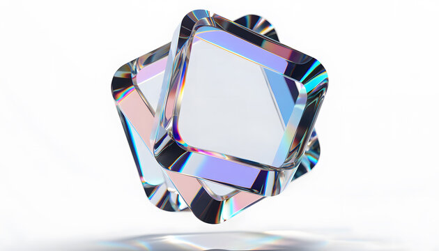 Overlapping geometric glass squares in midair. Transparent layers and creative design concept. Hovering crystal plates reflecting vibrant spectrum colors on white background
