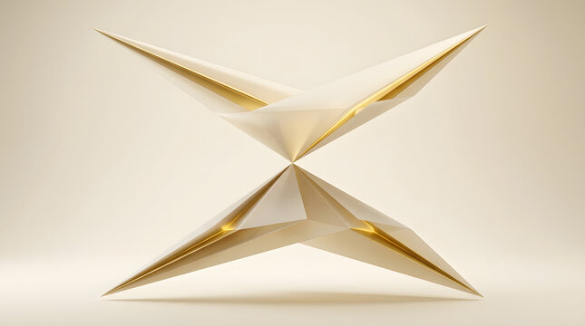 Geometric origami sculpture with golden metallic accents. Minimalist luxury background and contemporary polygonal art. Sharp faceted prisms intersecting in a bright studio scene.