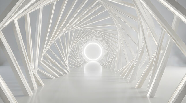Twisted geometric beams forming an infinite white futuristic tunnel. Sci fi architecture and immersive portal perspective. Circular neon light illuminating a minimalist corridor.