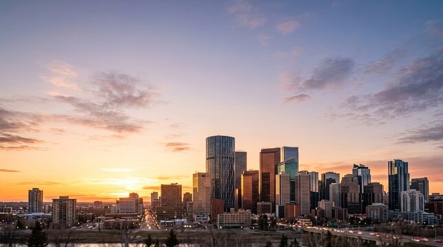 The image captures a stunning sunset over Denver's skyline. Tall skyscrapers dominate the foreground, reflecting the warm colors of the setting sun.