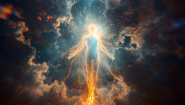 Glowing Spiritual Human Energy Silhouette Floating in Cosmic Sky with Clouds and Light Particles   