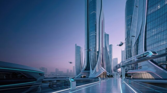 A futuristic cityscape glows with a cool, blue light. Sleek, towering skyscrapers with organic, flowing designs dominate the scene.