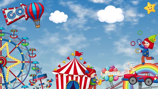 Cartoon Amusement Park Fairground Animation with Hot Air Balloon