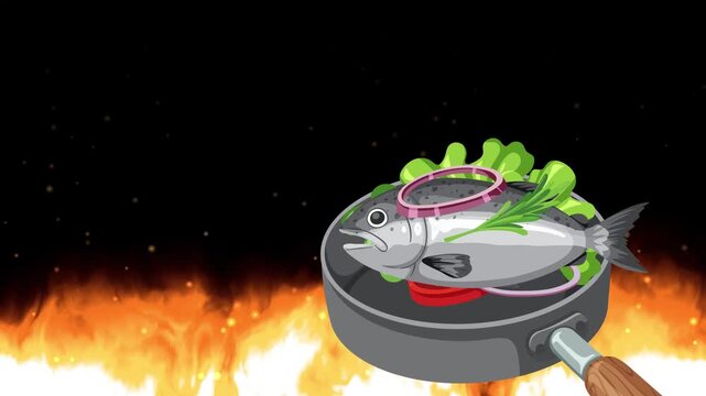 Cartoon Fish Cooking in Frying Pan over Burning Flames