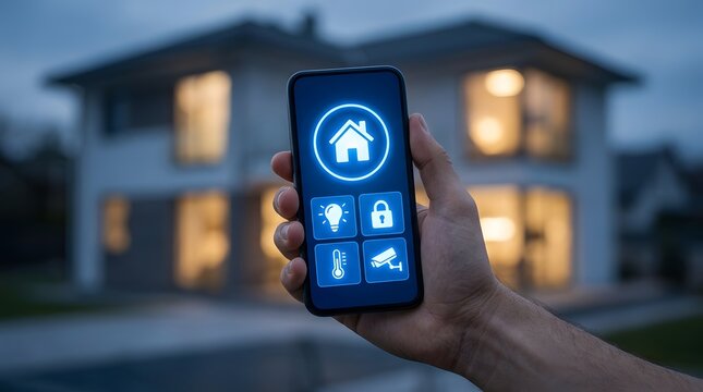 Person using a mobile application on a smartphone to control smart home systems including security cameras, lighting, and climate against a blurred modern residential house background at dusk.