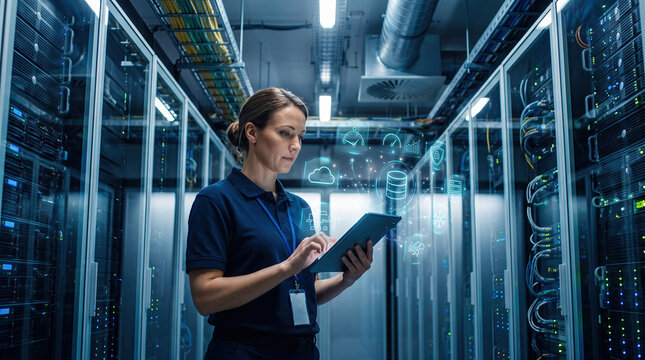 Data Center Engineer Managing Cloud Infrastructure with Digital Tablet