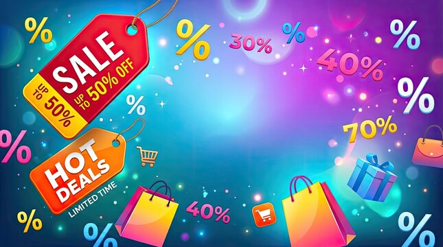 A vibrant and dynamic promotional graphic announces a major sale event. Multiple colorful discount tags, ranging from 30% to 70% off, float amidst a sparkling, colorful background.