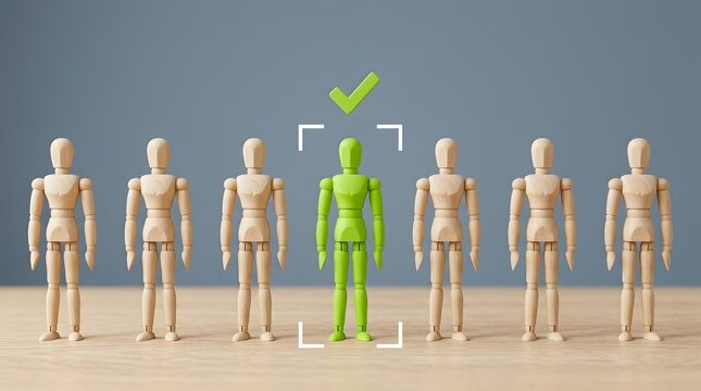 Talent acquisition and human resources recruitment concept featuring a row of wooden mannikins with one green figure selected with a checkmark symbol for the best candidate job search and hiring.