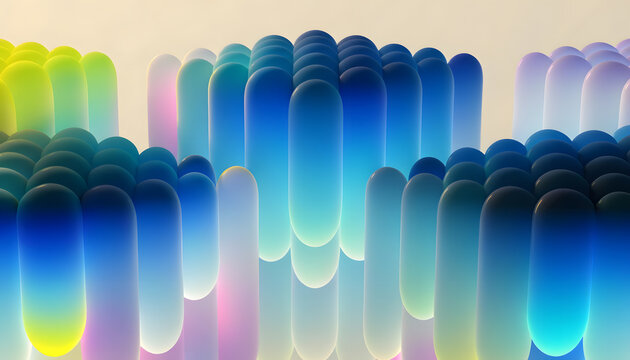 Abstract colorful cylindrical shapes in rhythmic waves. Modern creative technology and data visualization. Rounded capsule pillars rising together
