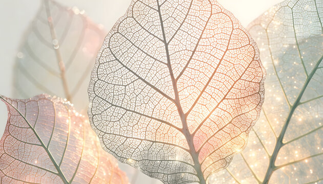 Translucent skeleton leaf veins in warm sunlight. Nature beauty and organic wellness concept. Delicate leaf texture glowing with soft light