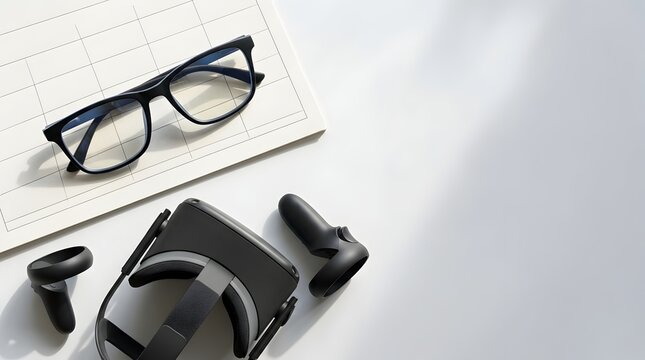 Virtual reality headgear and eyeglasses on a grid paper notebook