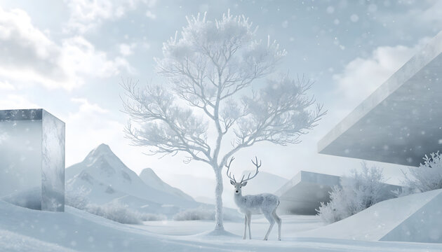 Majestic white stag under a frozen snow tree. Winter nature landscape and wilderness concept. Deer standing calmly in cold snowy mountains (141 chars)