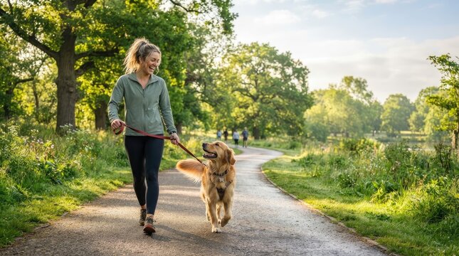 A young woman is walking her golden retriever dog along a paved path in a park. She is smiling and enjoying the outdoors.