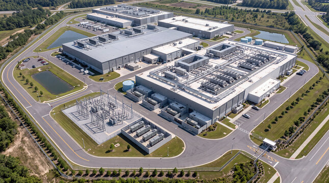 Aerial View of Large Modern Data Center Campus and Infrastructure
