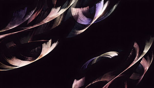 Abstract curved metallic brushstrokes on black background. Modern creative graphic design concept. Swirling golden ribbons sweeping dynamically in darkness (154 chars)