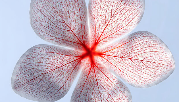 Translucent flower petals with intricate red vein patterns. Botanical beauty and organic micro textures. Delicate blossom spreading against clear blue sky (153 chars)