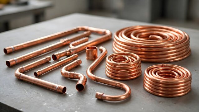 Copper pipes and coiled tubing arranged on a grey industrial workshop