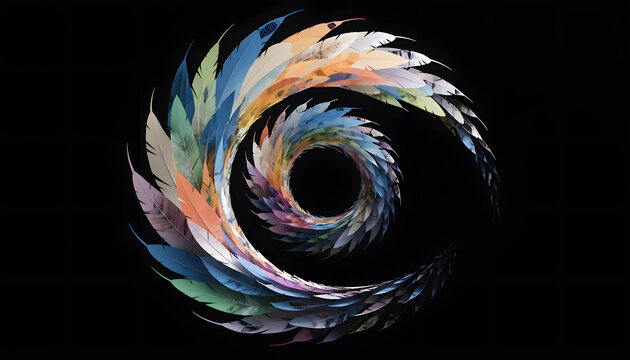 Vibrant vortex spiral made of colorful bird feathers. Dynamic flight and creative cycle concept. Multicolored quills swirling inward toward deep black center (157 chars)