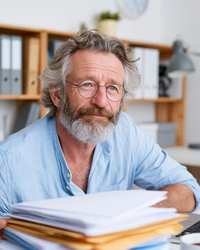 Grizzled man with glasses and beard sits at desk. Stack of papers lies before him, awaiting review. He leans forward, eyes meeting the camera with mild amusement