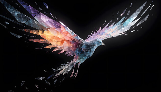 Crystalline pigeon bird in flight shattering into glass fragments. Freedom liberation and rebirth concept. Low poly faceted dove soaring across black space (154 chars)
