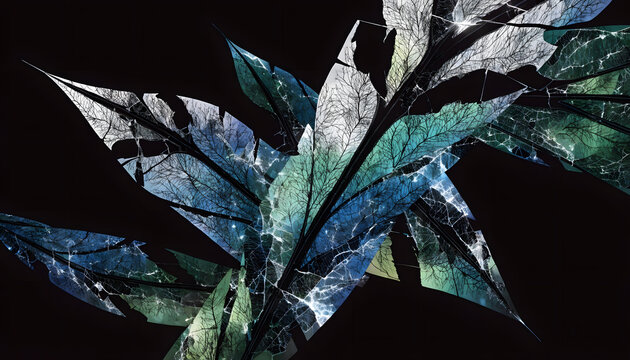 Shattered geometric crystal leaves on black background. Futuristic fractured glass art concept. Spiky crystal shards exploding outward in dynamic motion (150 chars)