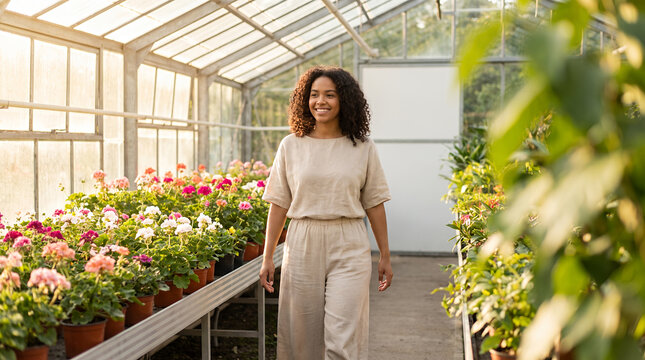 Woman admiring blooming flowers in bright sunlit greenhouse