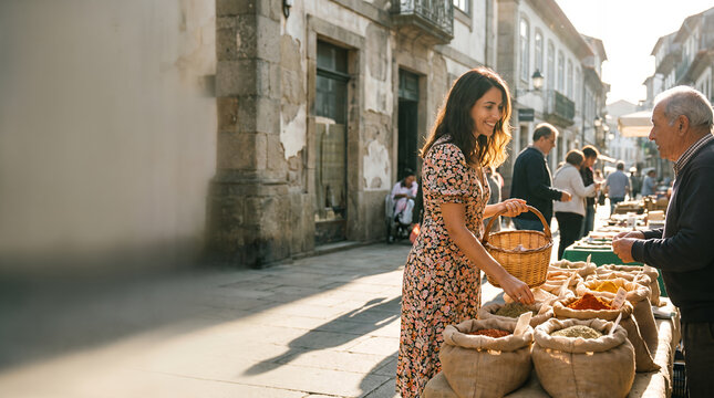Woman shopping at traditional street market with wicker basket