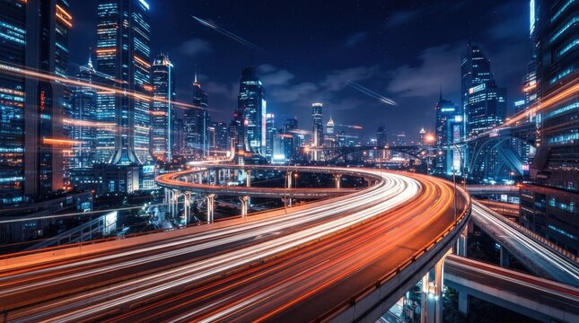 A vibrant cityscape at night showcases a multi-level highway with streaks of light from passing vehicles. Towering skyscrapers dominate the background, illuminated with countless lights.