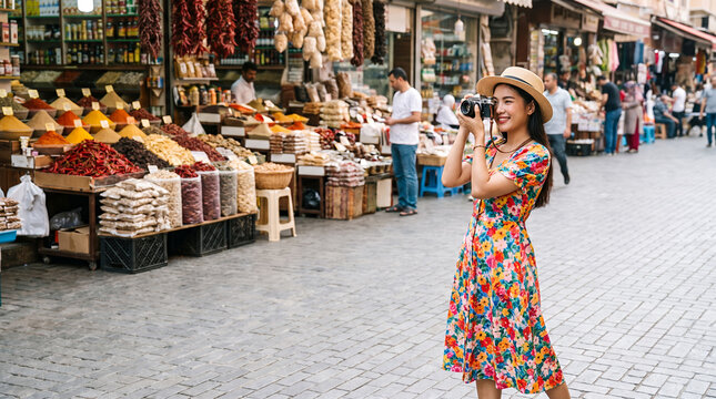 Young woman photographing spice market with vintage camera