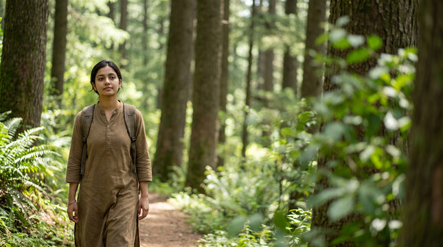 Young woman hiking alone through lush green forest trail