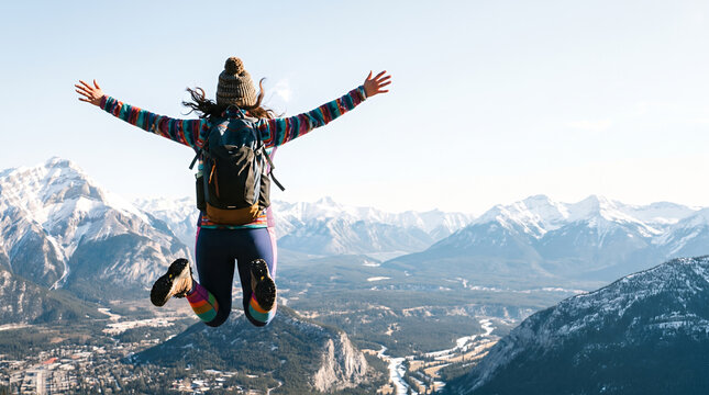 Woman jumping with arms raised celebrating in snowy mountain landscape