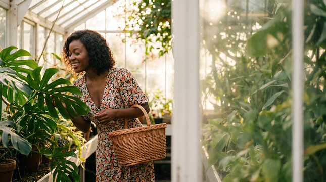 Woman walking among flowering plants in sunlit greenhouse