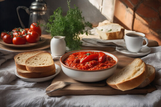 Bread and tomato soup on wooden table