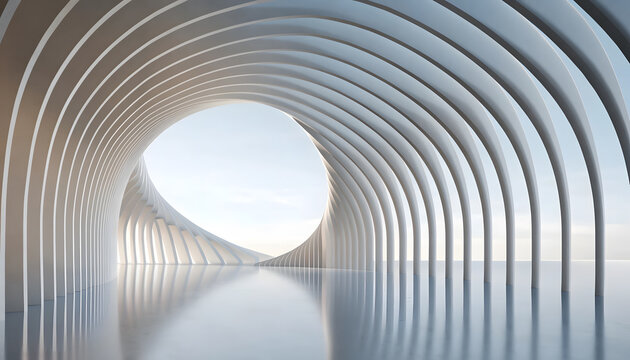 Futuristic white architectural archway structure with a circular window. Minimalist interior design and modern building concepts. Architect exploring clean geometric curves in a bright hall