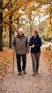 Caregiver Helping Elderly Man Walk Safely Outdoors in Autumn