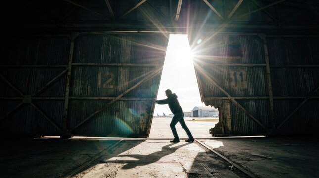 A lone figure pushes open massive, weathered hangar doors. Sunlight streams through the opening, creating a dramatic, radiant effect.