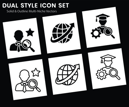 Dual Style Icon Set Featuring Solid and Outline Vector Illustrations of Professional Business and Education Symbols