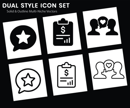 Set of Dual Style Icons Featuring Star Rating, Financial Report, and Love Communication Symbols
