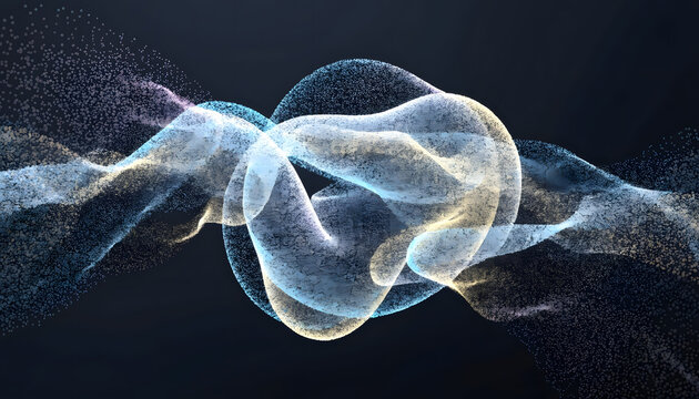 Abstract particle wave entanglement and quantum data flow. Complex networking and secure digital cryptography systems. Scientist visualizing particle physics networks in a dark space