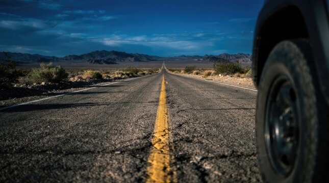 A black SUV drives down a long, straight desert road. The road stretches into the distance, marked by a bright yellow centerline.