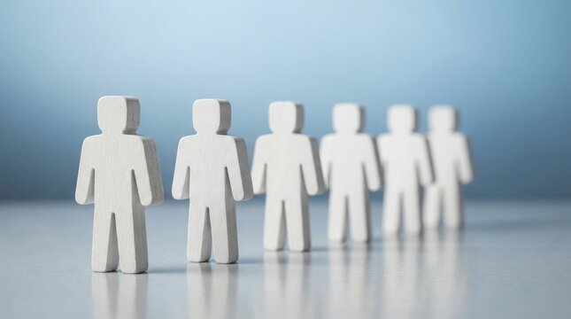 Five white wooden figures of people stand in a row on a gray surface. The figures are simple and stylized, representing a group of individuals.