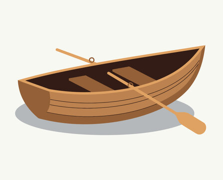 A simple wooden rowboat with oars, ready for a calm water journey