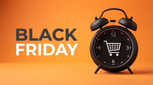 Black friday text and alarm clock with shopping cart icon on vibrant orange background, representing sales event countdown.