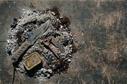 Bushcraft Survival Knife on Wood Ash Background