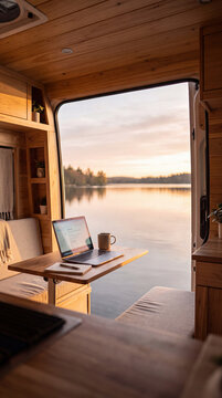 Minimal Camper Van Workspace Overlooking Lake at Sunset