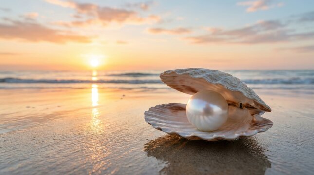 Beautiful shiny white pearl inside an open sea shell on the wet sand at the beach during a warm golden sunset