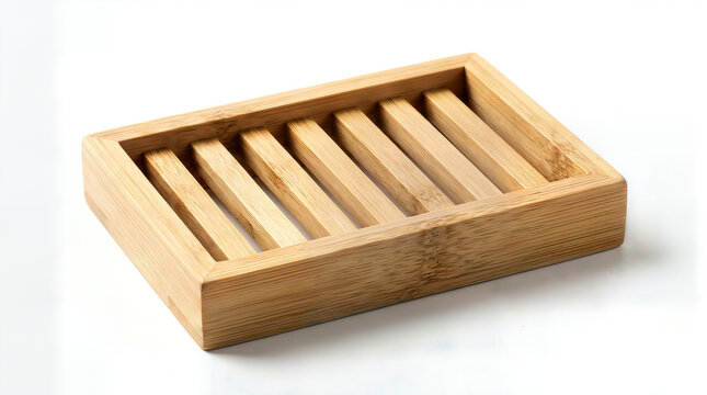 Wooden soap dish with slats for bathroom decor, a rectangular